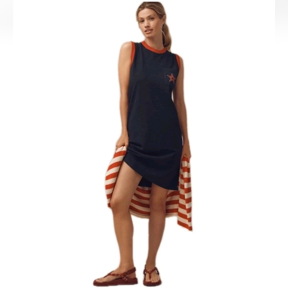 Anthropologie Sundry Jersey Graphic Navy Crew Neck Pullover Midi Tank Dress: S
